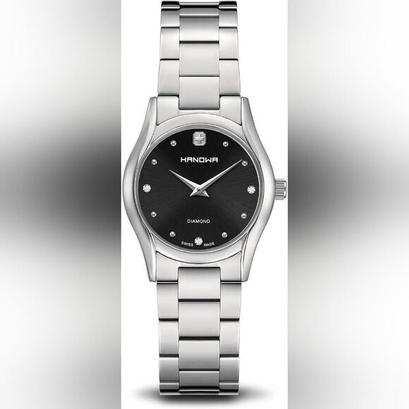 Hanowa Swiss Made Stainless Steel Watch, 3 Diamond splitters, Black , Bracelet - Picture 2 of 6